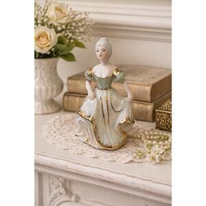 Cracker Barrel Porcelain Lady Bell Gold Trim Dress Figurine Made in China